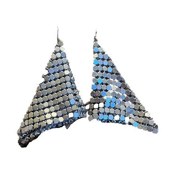 Silver Colored Metal Mesh Chainmail Rhombus Shape Drop Dangle Hook Earrings - Picture 8 of 8
